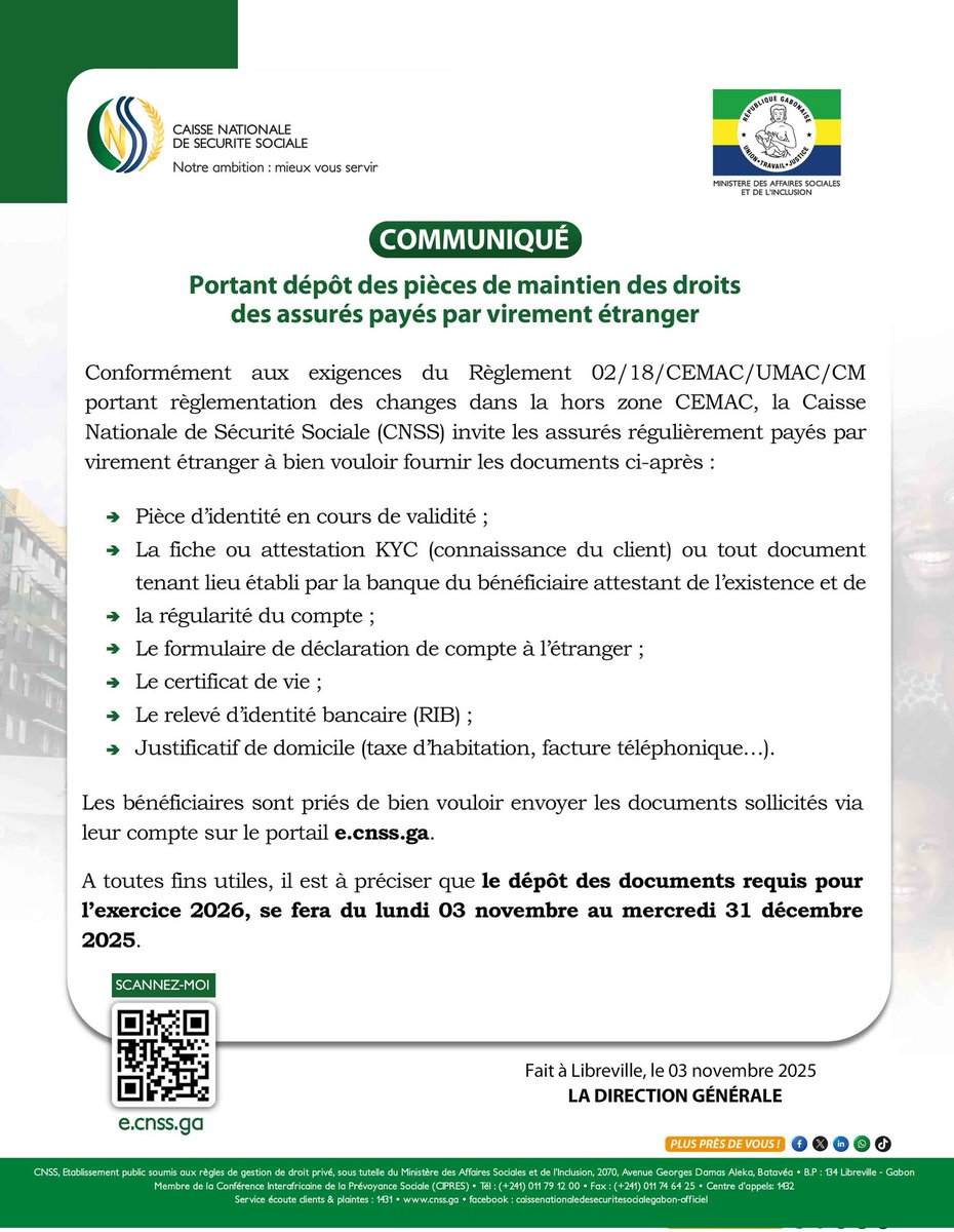 CnssGeneral's tweet image. 🔴COMMUNIQUÉ CNSS: Portant dépôt des pièces de maintien des droits des assurés payés par virement étranger

Suivez l&apos;actualité de la 𝐂𝐍𝐒𝐒 à travers nos différentes plateformes online 📱💻
Site web : cnss.ga
Facebook : facebook.com/cnssgabon