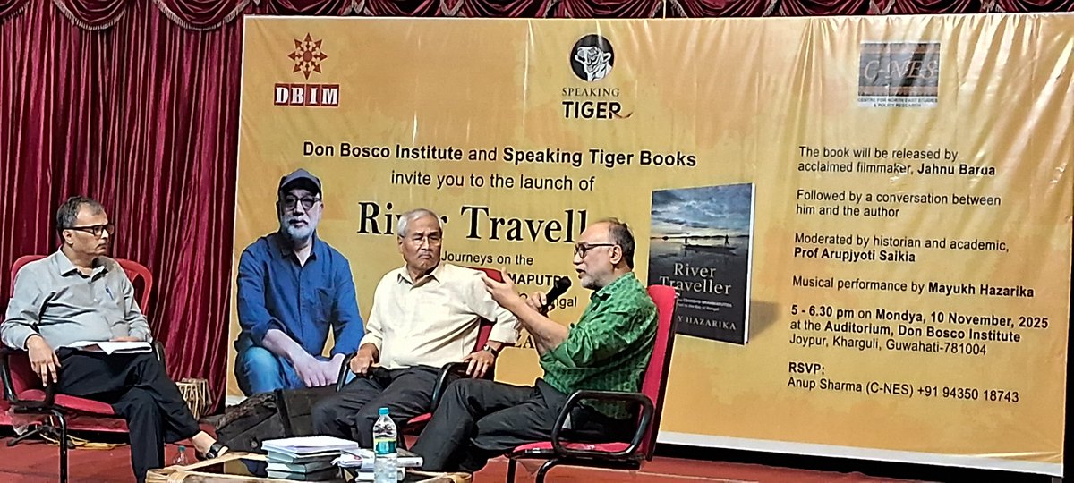 CNESLive's tweet photo. C-NES celebrates launch of Sanjoy Hazarika's new book, River Traveller- Journeys on the Tsangpo-Brahmaputra, From Tibet to Bay of Bengal on Novembr 10, 2025. Acclaimed filmmaker Jahnu Barua launched the book while the conversation moderated by historian Arupjyoti Saikia. https://t.co/6cGrqQoPQZ