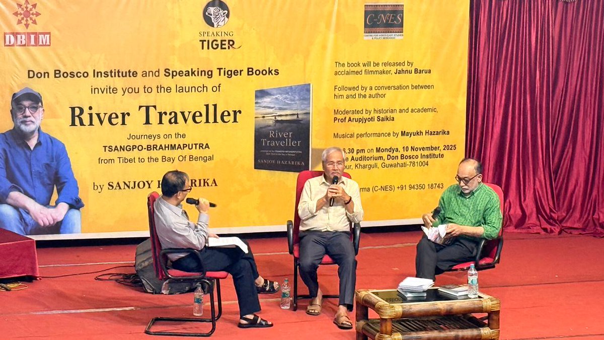 CNESLive's tweet photo. C-NES celebrates launch of Sanjoy Hazarika's new book, River Traveller- Journeys on the Tsangpo-Brahmaputra, From Tibet to Bay of Bengal on Novembr 10, 2025. Acclaimed filmmaker Jahnu Barua launched the book while the conversation moderated by historian Arupjyoti Saikia. https://t.co/6cGrqQoPQZ