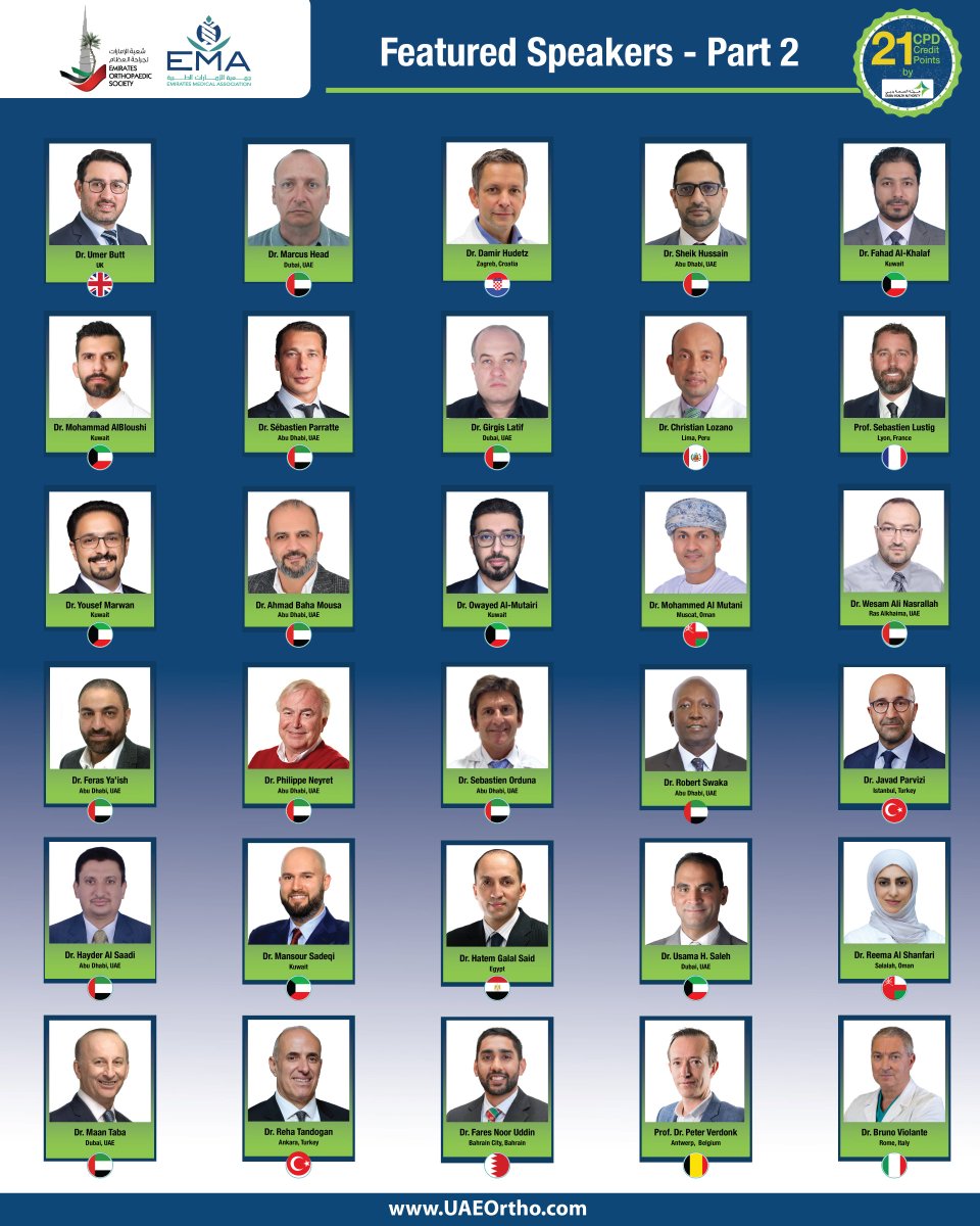 Meet our next lineup of renowned speakers for #UAEOrtho 2025!
Join leading experts in orthopaedic surgery, trauma, and sports medicine at the 13th Emirates Orthopaedic Society Meeting featuring the 1st Gulf Knee Course.
Secure your seat today @  bit.ly/Reg2EOS