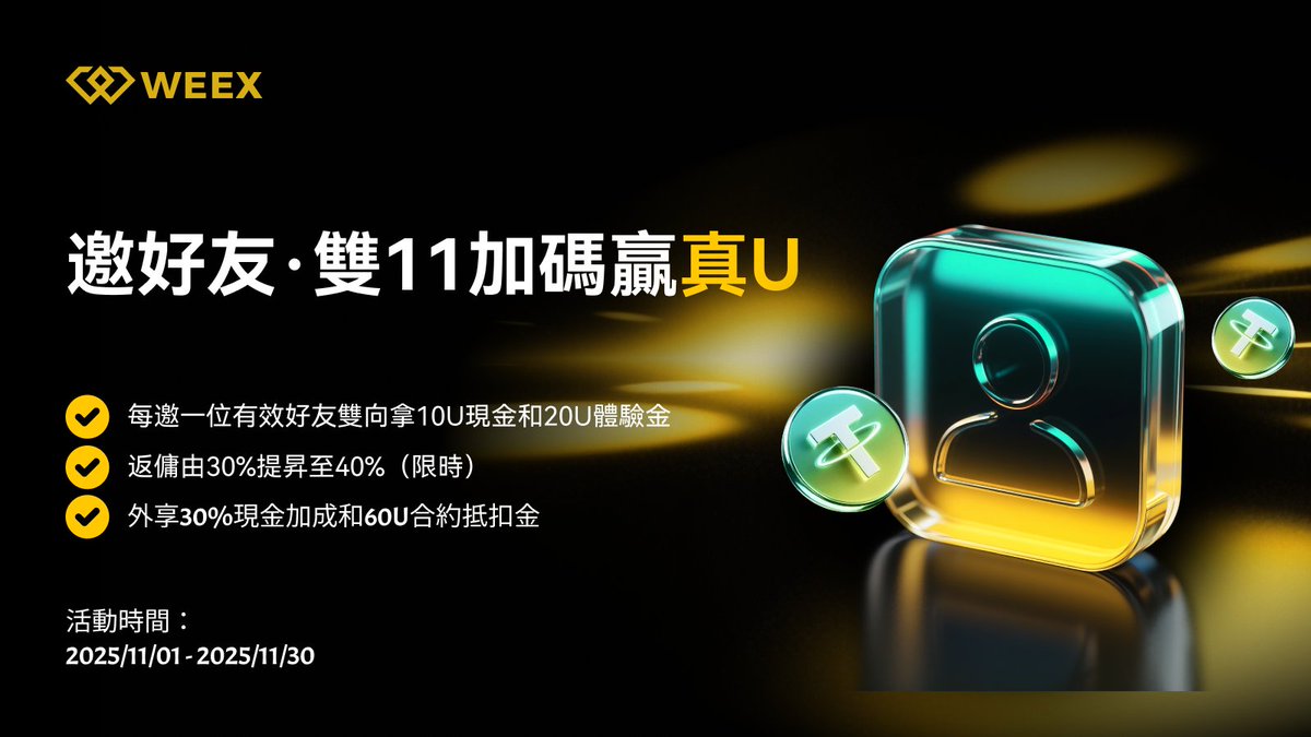 WEEX 雙11狂賺季來啦！🔥 邀請好友交易，最高可得535 $USDT + 體驗金、扣金！ ✨活動亮點： 邀請好友：註冊交易即可拿現金獎勵+  30%加成好友交易：好友達標，你我都能賺
