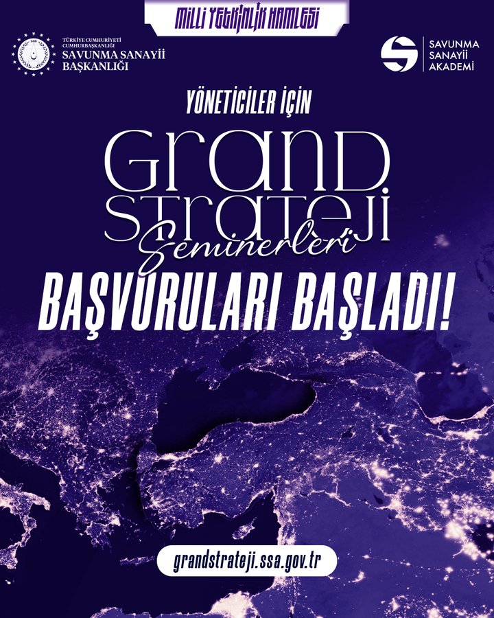 Purple-themed promotional graphic with globe background featuring Turkey highlighted, white text announcing Grand Strateji Seminerleri Basvurular Basladi for Yoneticiler, logos of Milli Yetkinlik Hamlesi, Savunma Sanayii Akademi, and Savunma Sanayii Baskanligi at top, website grandstrateji.ssa.gov.tr at bottom