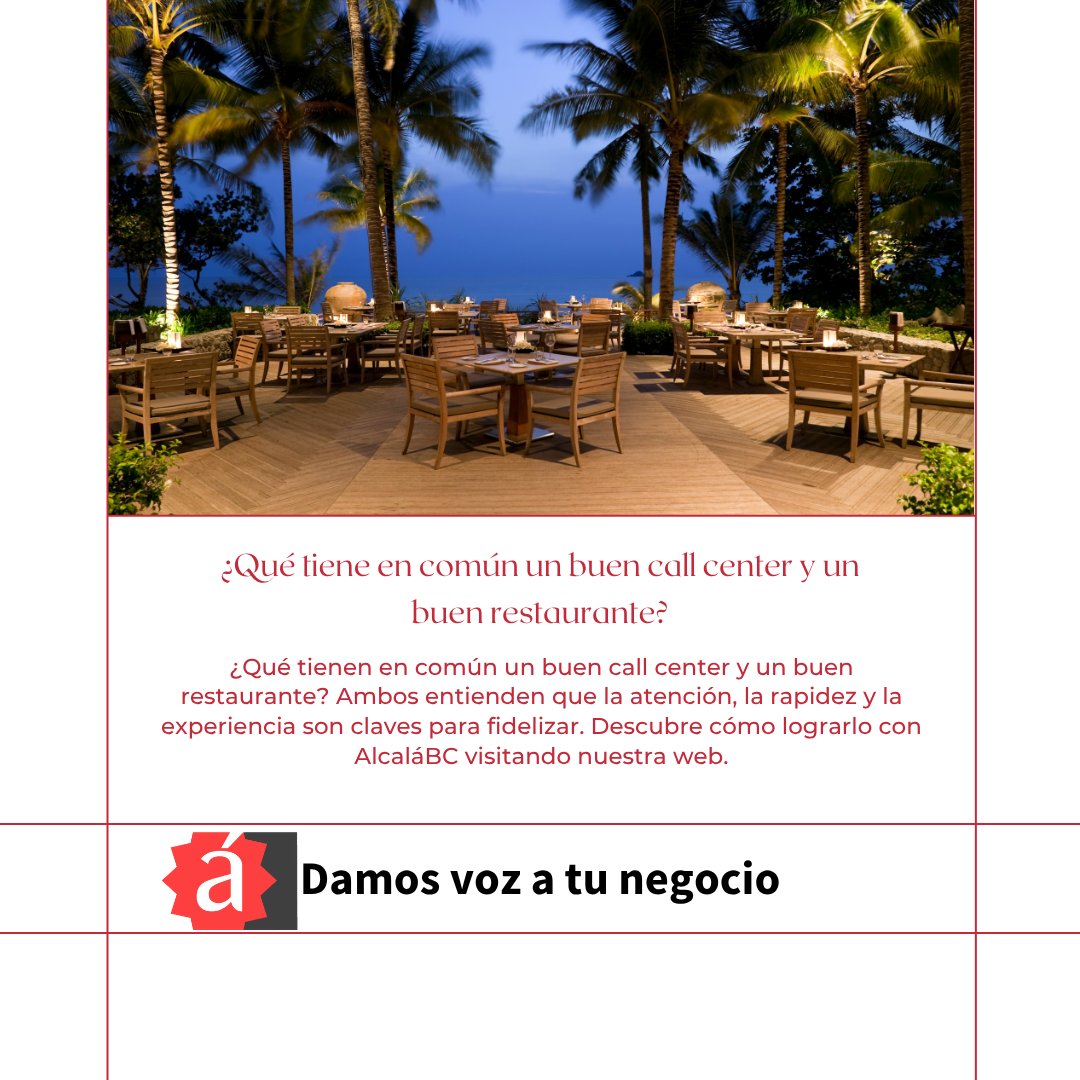 Un buen call center y   un buen restaurante comparten una receta: atención y experiencia.

alcalabc.com/jt
info@alcalabc.com
911 77 32 40
 
#Alcalabc
#PodemosAyudarte
#DamosVozATuNegocio
#ContactCenter
#CallCenter
#CallCenterMadrid
#Madrid