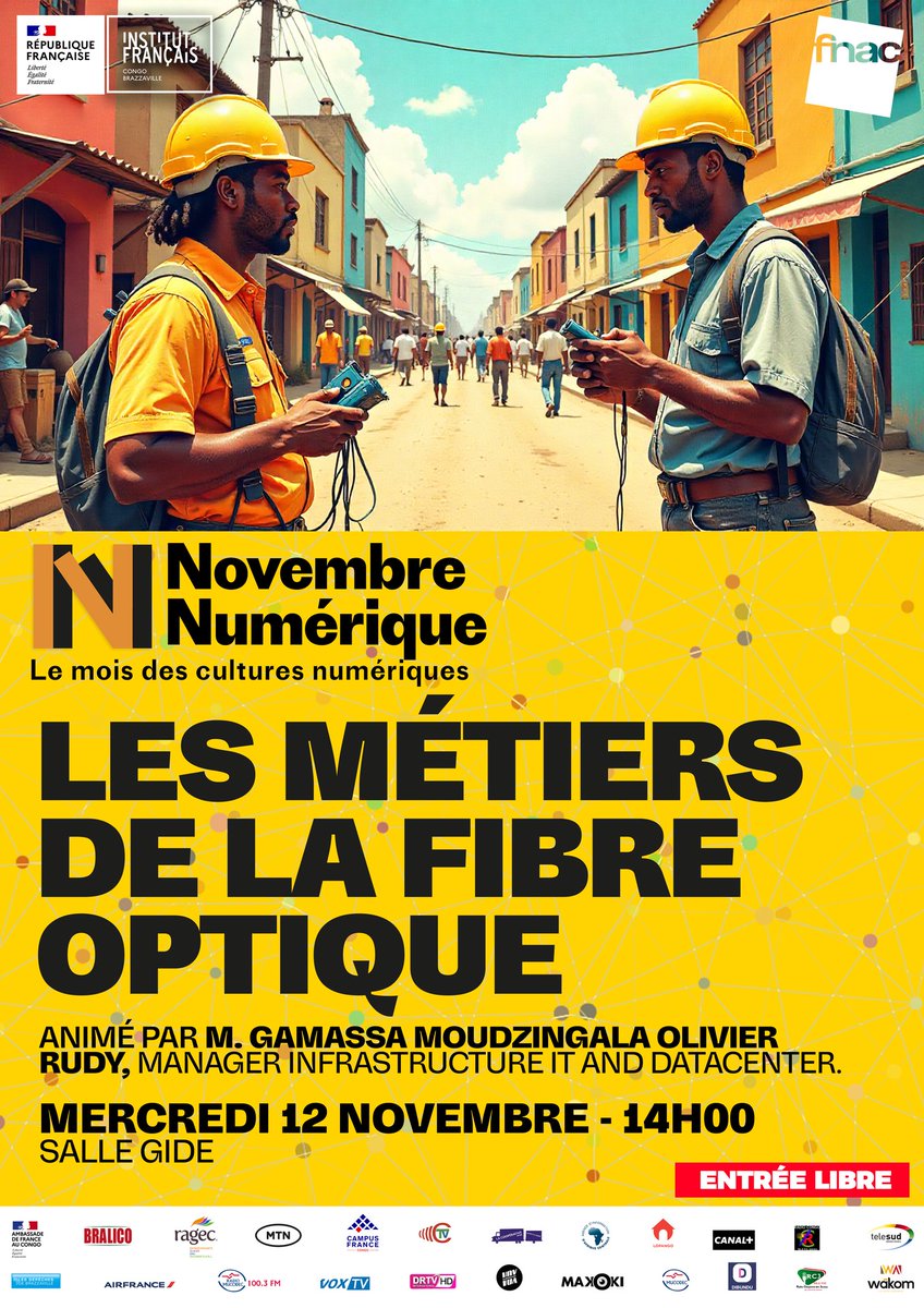 🇨🇬 Congo Telecom accompagne l’Institut Français du Congo pour #NovembreNumérique2025 !
Deux ateliers interactifs animés par nos experts :
🔹 Les métiers de la fibre optique avec M. Gamassa M. O. Rudy
🔹 Maîtriser son identité numérique avec Foungui Ibara
#CongoTelecom