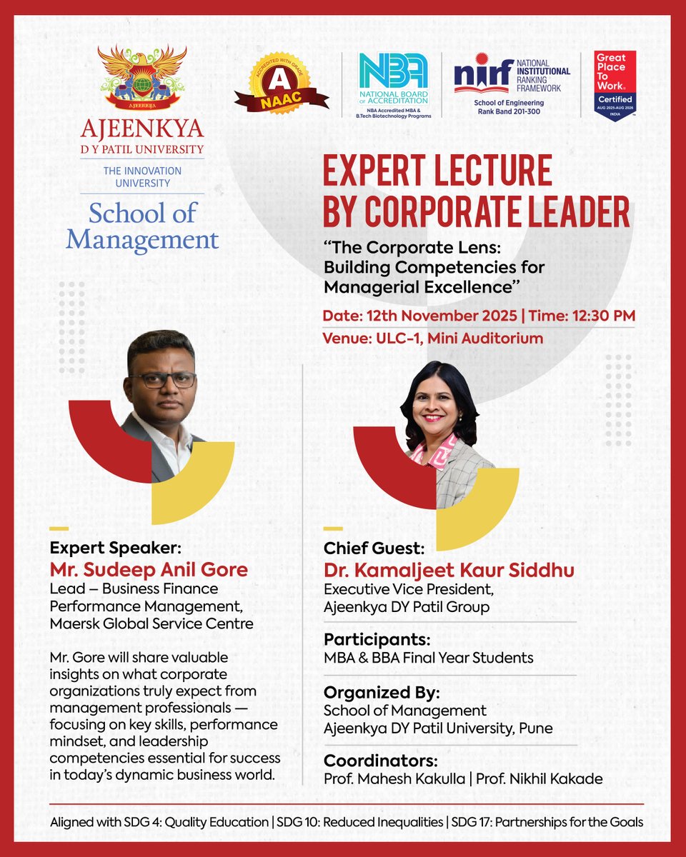 adypuniversity's tweet image. Join us for an inspiring Expert Lecture by Mr. Sudeep Anil Gore, Maersk Global Service Centre, on “The Corporate Lens: Building Competencies for Managerial Excellence.” 📅 12 Nov 2025 | 12:30 PM | ULC-1 #ADYPU #ExpertLecture #Leadership