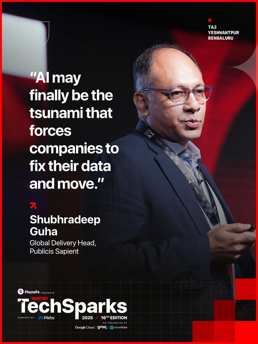 _TechSparks's tweet image. At #TechSparks2025, Shubhradeep Guha of @PublicisSapient said AI isn’t just transforming tech — it’s reinventing the very businesses that built the digital economy. The real edge? People + products. 🤝⚙️