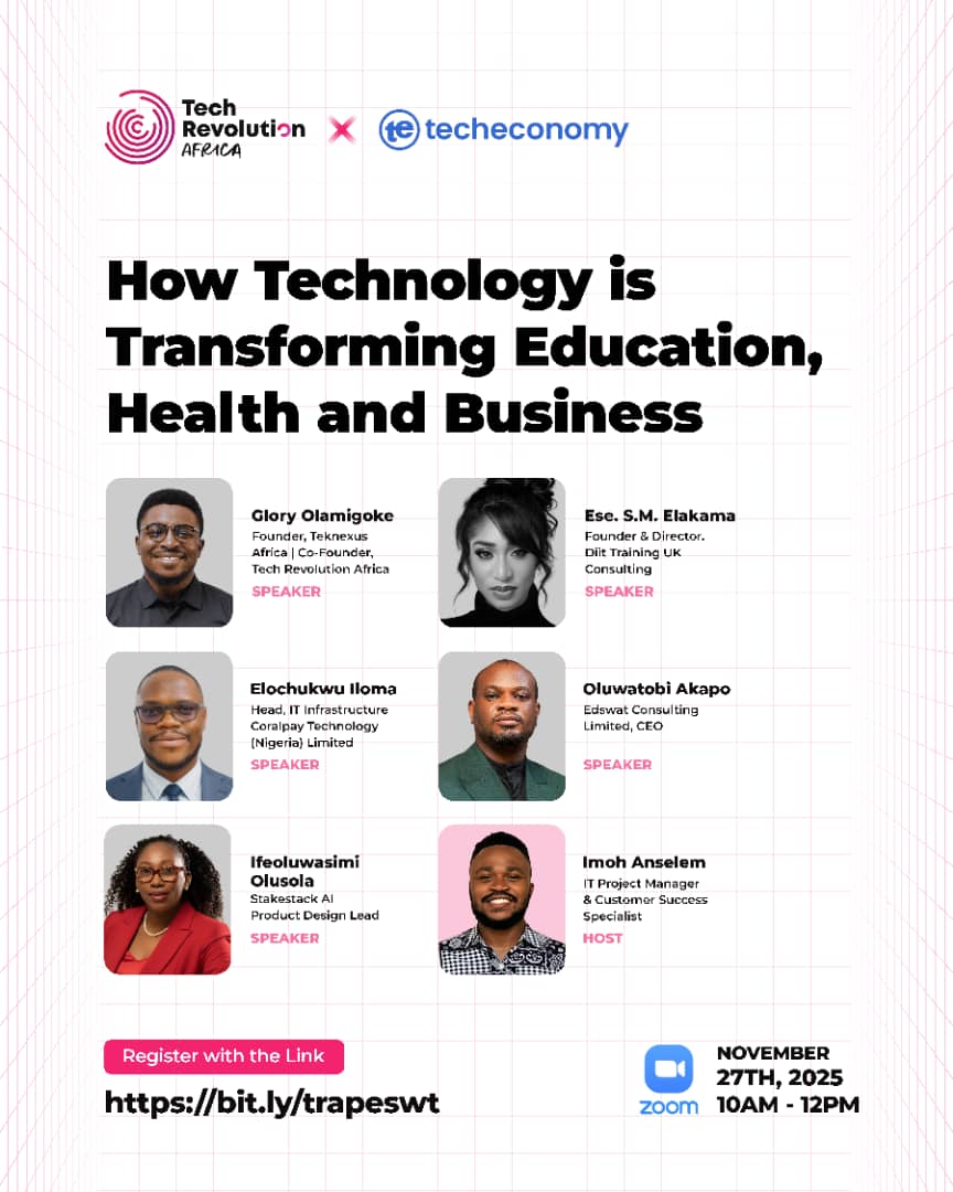 TechRevAfrica_'s tweet photo. There's been a massive shift in education, health, and business across Africa.

Technology is changing everything, but HOW exactly?

Join 6 industry leaders as they unpack the real transformation happening right now.

📅 Nov 27 | 10 AM - 12 PM WAT | Zoom

Speakers include founders, IT heads, and AI innovators driving change in their sectors.

Don't miss this conversation
👉 Register: https://t.co/ZksJ8GjlH4
Tech Revolution Africa x @TecheconomyNG
See you there? 👇