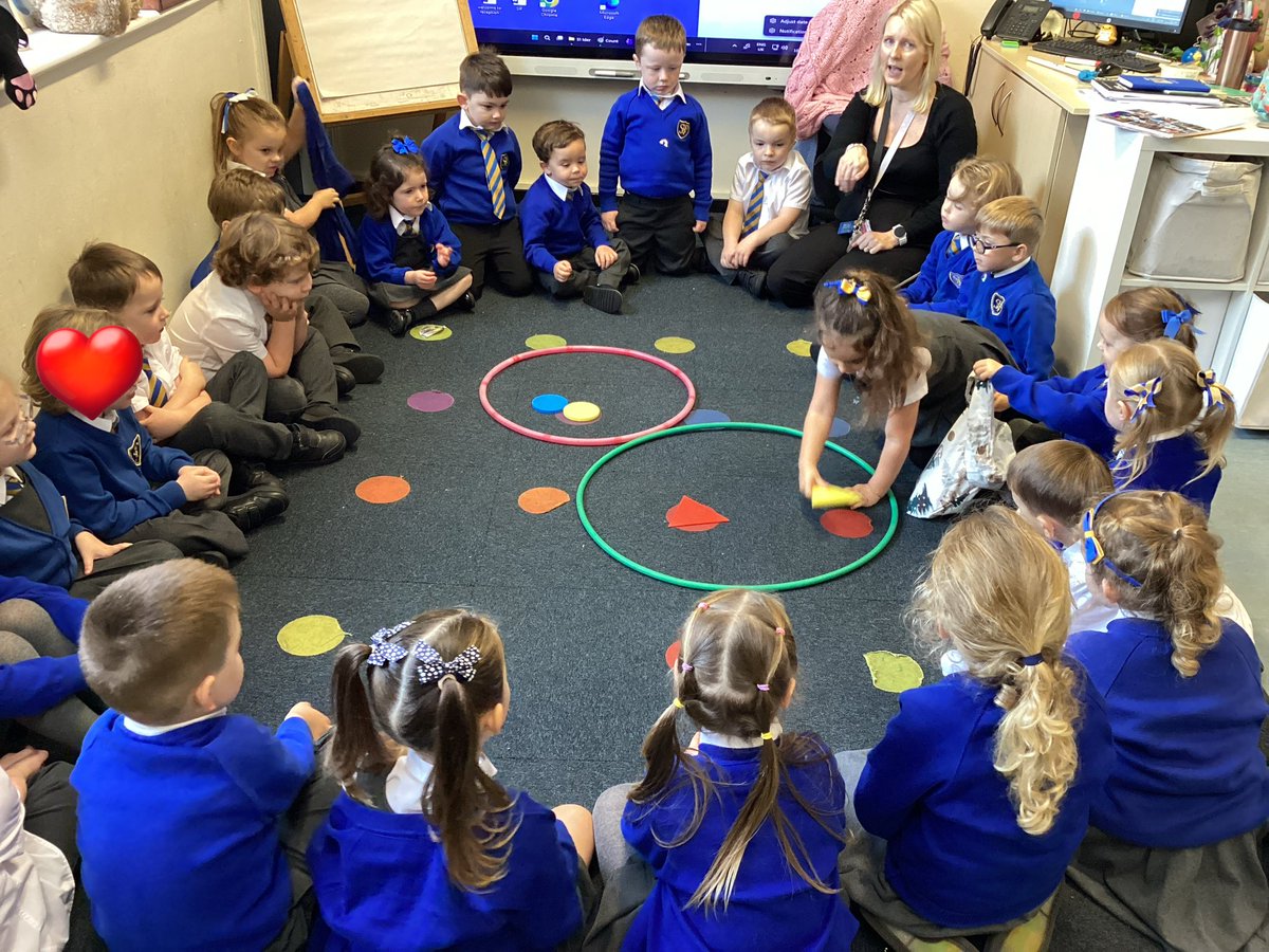 ReceptionSTP's tweet image. In maths we have been learning all about Circles and Triangles, the children used their knowledge of the shapes to describe what they had chosen from the mystery bag and sorted the shapes into the correct hoops. #EYFSatSTP #MathsatSTP