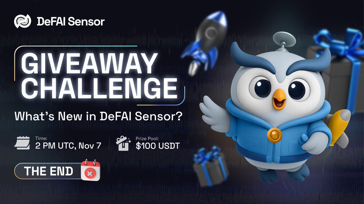 DefaiSensor's tweet photo. 🎉 #GIVEAWAY #CHALLENGE — NOW CLOSED🎉

💥Our Giveaway has officially ended
😍Huge thanks to everyone who joined and supported @DefaiSensor 

🏆 Winners will be revealed soon. Good luck to all participants!

This Giveaway is just the kickoff to something bigger
🦉 New Version launch with EARLY BIRD $200 USDT is right around the corner!