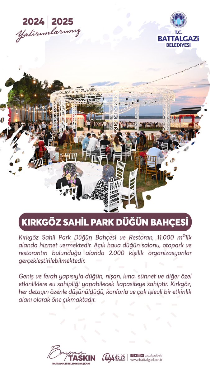 📌 Kırkgöz Sahil Park Düğün Bahçesi 👰‍♀️🤵
Geniş ve ferah yapısıyla adeta bir deniz kıyısı hissiyatı veren; düğün, nişan, kına, sünnet ve diğer özel etkinlikler için her detayın özenle düşünüldüğü, konforlu ve çok işlevli bir etkinlik alanını Battalgazi’mize kazandırdık.