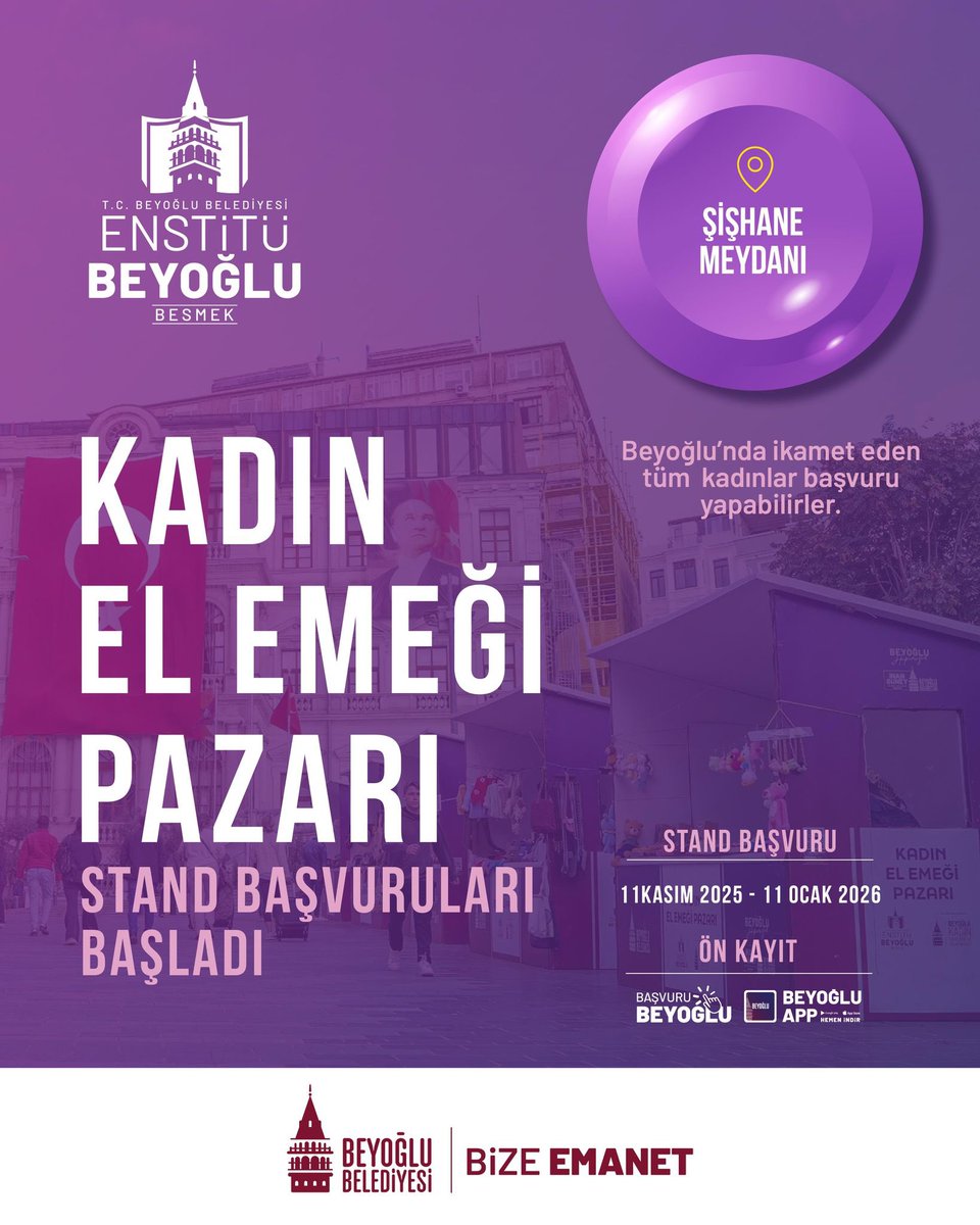BeyogluBld's tweet photo. Kadın El Emeği Pazarımız için stand başvuruları başladı! 🧵

Enstitü Beyoğlu BESMEK çatısı altında düzenlenen pazarımızda yer almak isteyen ve Beyoğlu’nda ikamet eden kadınların başvurularını bekliyoruz.

📆 11 Kasım 2025 – 11 Ocak 2026
📍 Şişhane Meydanı
📲 Ön kayıt için: BeyoğluAPP