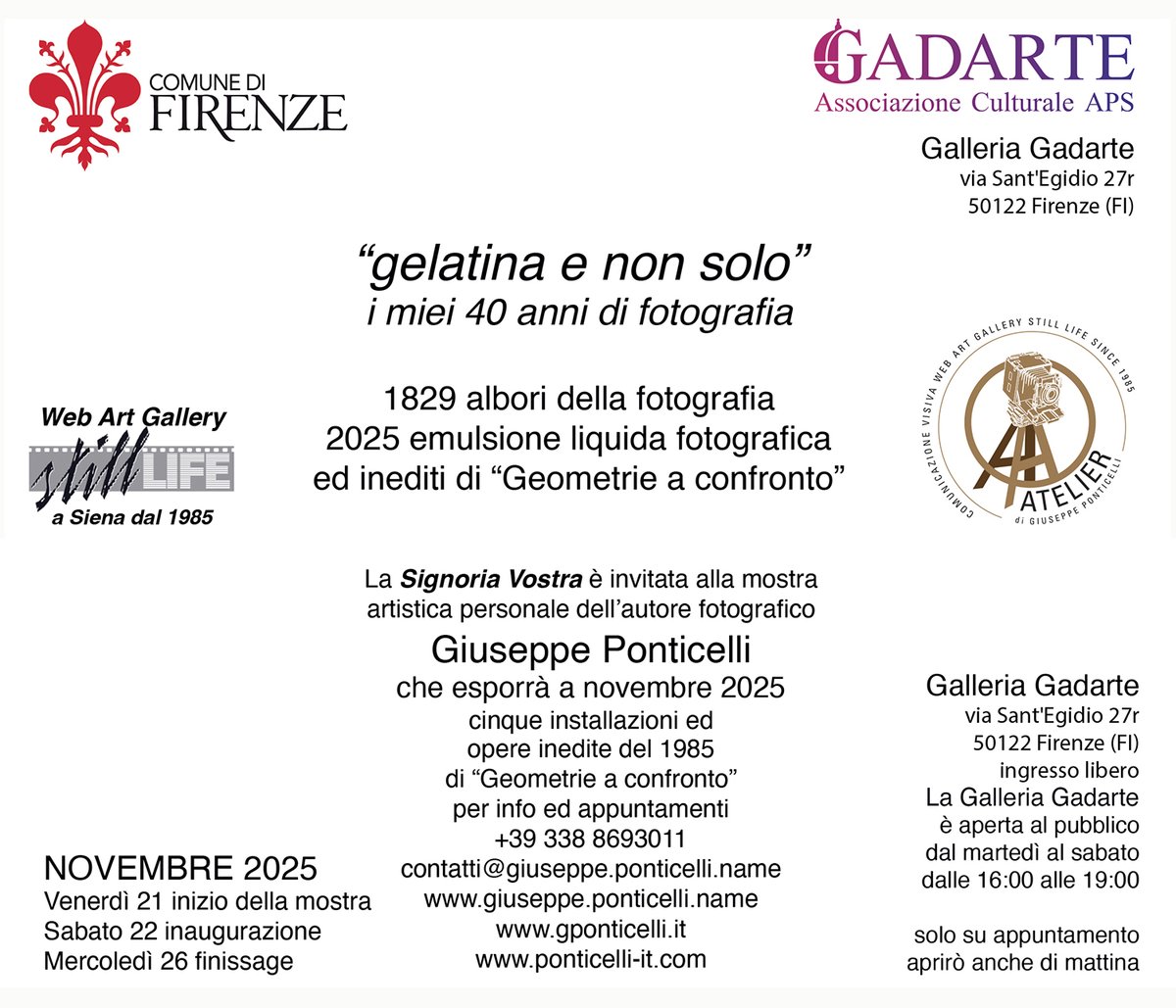 pontgius's tweet photo. Vi aspetto a “gelatina e non solo” i miei 40 anni di fotografia:
- cinque installazioni;
- opere inedite del 1985 di Geometrie a confronto.
Dove: alla Galleria Gadarte in via Sant'Egidio 27r a Firenze.
Orari: la Galleria è aperta dal martedì al sabato dalle 16:00 alle 19:00. https://t.co/1YgASGqhnX
