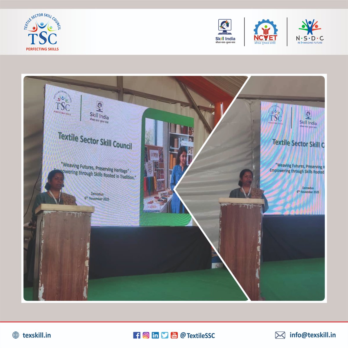 TextileSSC's tweet image. TSC proudly participated in the Kaushal evam Rojgar Mahotsav 2025 held in Dehradun on 6th Nov 2025, celebrating 25 years of the State of Uttarakhand.

TSC remains committed to driving #SkillIndia through industry-led skilling &amp;amp; employment in the #Textile sector. 🇮🇳

#TSC #MSDE