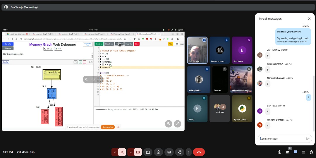 PythonCameroon's tweet image. Last Saturday, we hosted @basterwijn at the #PyCM_Meeting.
He introduced memory graphs and showed how they help optimize memory usage. Thanks @basterwijn for making a complex topic clear and practical.
#PythonCameroon #PyCMMeetup #LearningPython #MemoryGraph