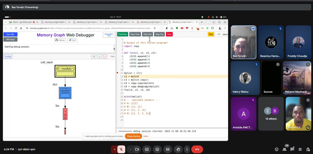 PythonCameroon's tweet image. Last Saturday, we hosted @basterwijn at the #PyCM_Meeting.
He introduced memory graphs and showed how they help optimize memory usage. Thanks @basterwijn for making a complex topic clear and practical.
#PythonCameroon #PyCMMeetup #LearningPython #MemoryGraph