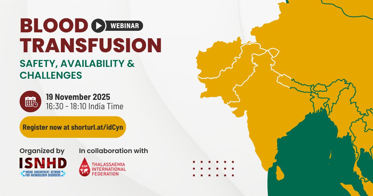 The #ISNHD–#TIF webinar “Blood Transfusion Safety, Availability &amp; Challenges in the Indian Subcontinent” is set for 19 Nov.!

🕐 13:00 Cyprus | 16:30 India
Featuring experts from 🇧🇩 🇮🇳 🇲🇻 🇳🇵 🇵🇰 🇱🇰
Register at: shorturl.at/idCyn

#Thalassaemia #HealthEquity #GlobalHealth