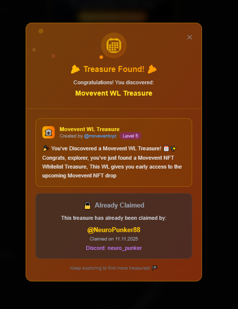 NeuroPunker88's tweet photo. Just claimed a @moveventxyz NFT WL treasure on
@MoversMap ๐๏ธโจ Early access secured
Join the hunt & find yours ๐ https://t.co/sZLsIv4yKv
#MoversMap #Movevent #TreasureHunt https://t.co/cjY3uXg9J1