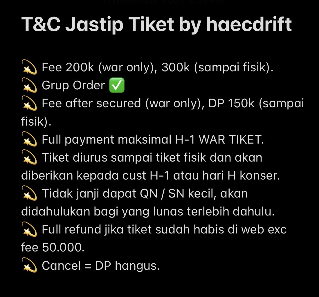 OPEN JASTIP JASWAR ATEEZ IN JAKARTA

💰 Fee 200k/tiket (jaswar) 300k (sampai fisik)
✅ Grup Order
✅ Self payment &amp; data pribadi
💫 Fee after secured
💫 Insya Allah trusted 
‼️ Limited Slot

Please read terms and conditions first. For further info kindly hit me up via dm 🤗