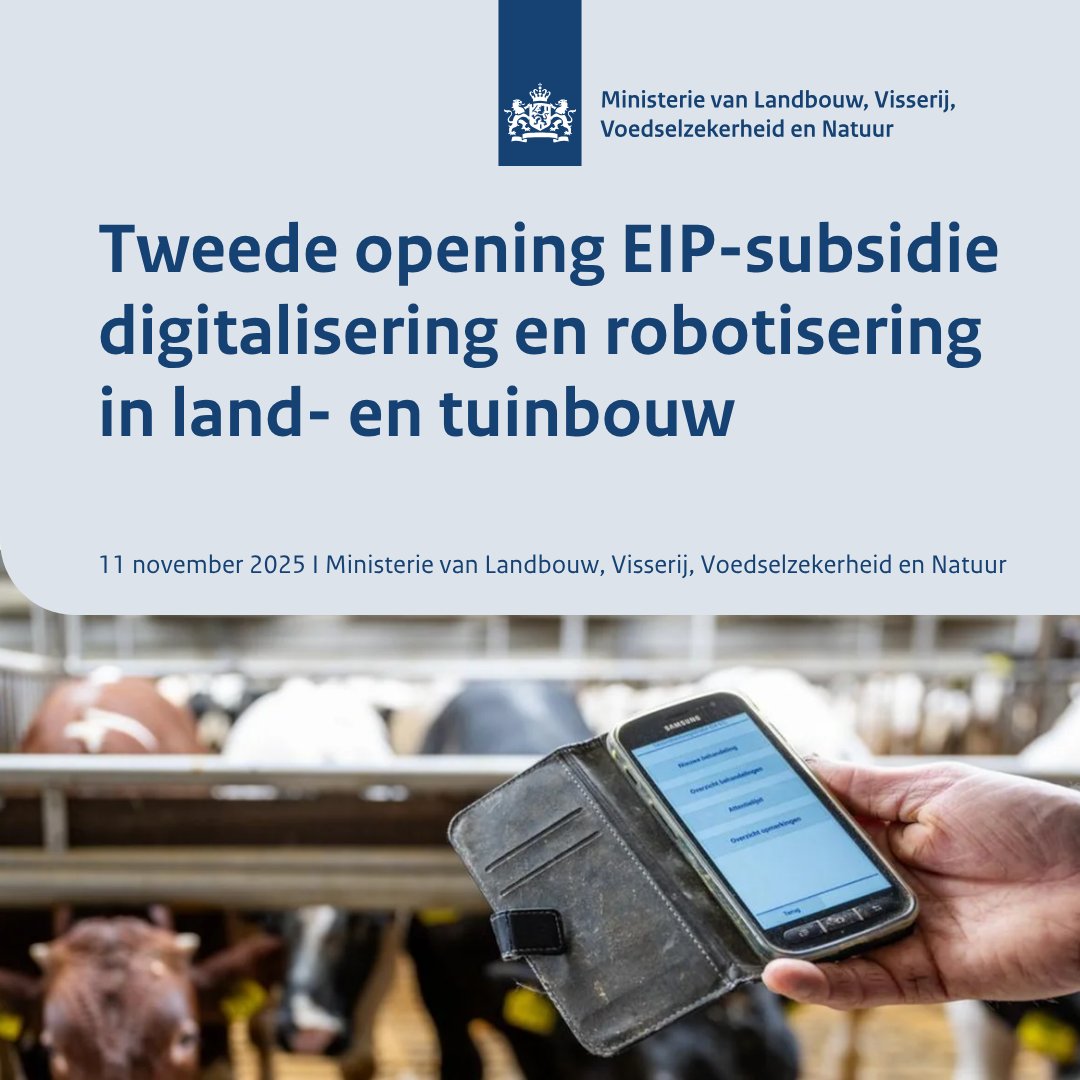 minlvvn's tweet photo. Vandaag opent de EIP-subsidie voor digitalisering &amp; robotisering in de landbouw! Samenwerkingsverbanden kunnen subsidie aanvragen voor robotisering &amp; digitalisering in de land- en tuinbouw. Met €10,47 miljoen ondersteunen we zo’n 30 innovatieve projecten. https://t.co/AsjPEFylm5 https://t.co/UqfuAVNqJ4