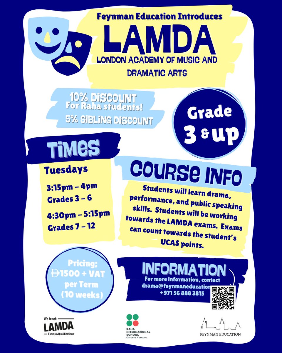 Feynman_Edu's tweet image. Message for info! 🔗 @RISAbuDhabiGC 

#LAMDA #RahaGardens #Dramaforkids #DramaEducation #TheatreforAll #PublicSpeaking #BuildConfidence