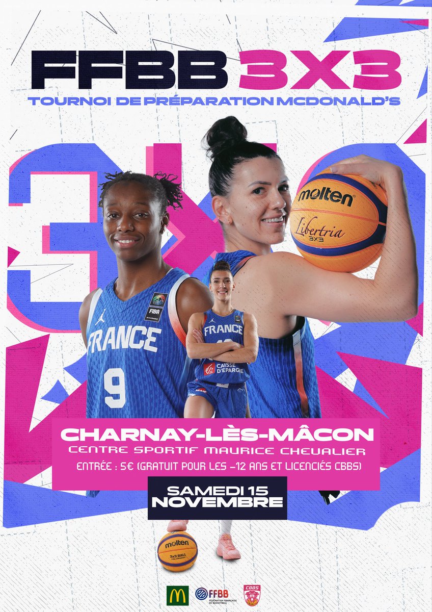 🏀 Tournoi 3x3 FFBB – Équipe de France 🇫🇷 

Venez assister au Tournoi de préparation @Mcdonald dans notre chaudron !

📅 Samedi 15 novembre
🕟 De 16h30 à 19h15 
📍 Centre sportif Maurice CHEVALIER Charnay lès Mâcon