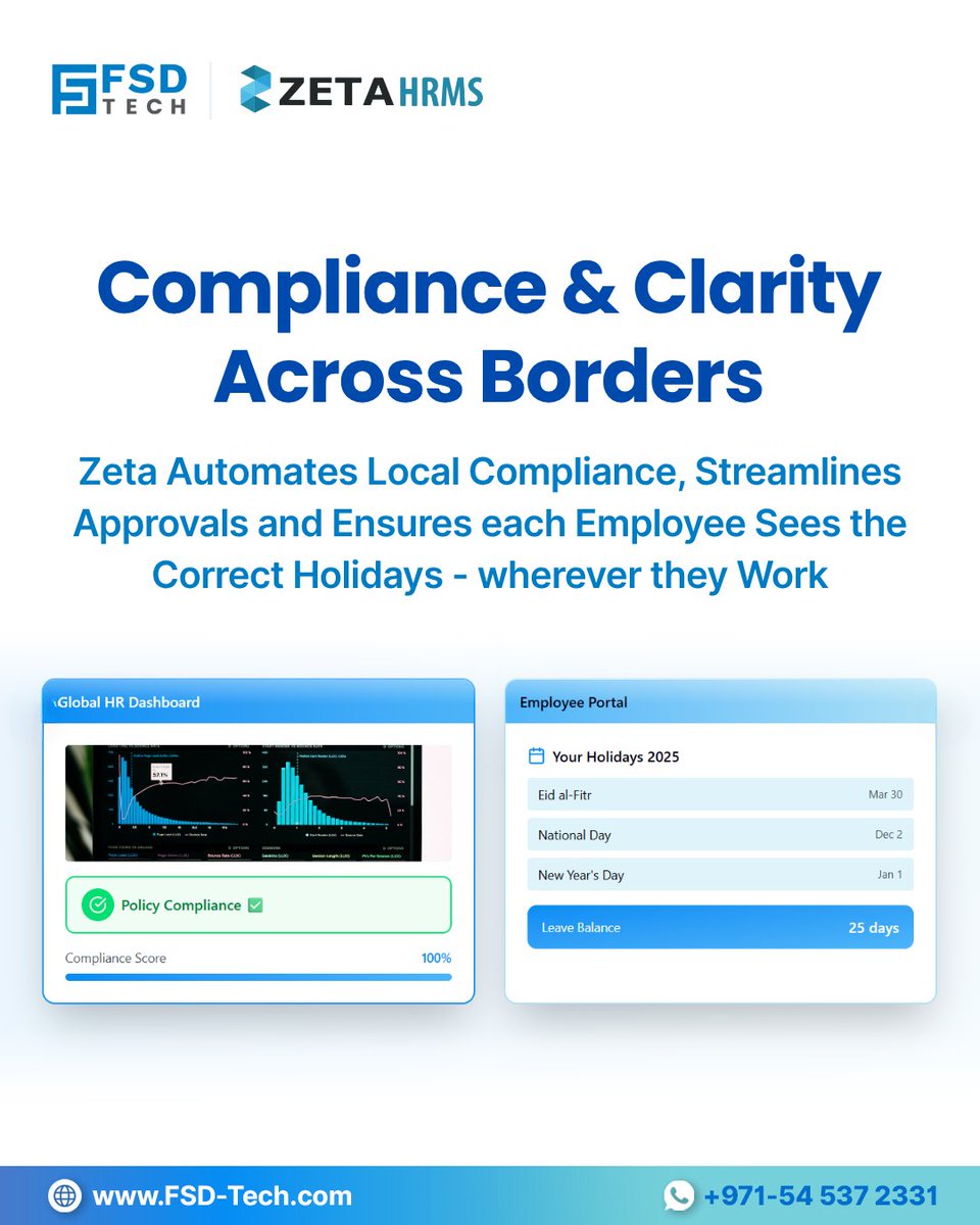 FsdTechnologies's tweet image. Managing Leave Across Countries Just Got Easier. 🌍

With Zeta HRMS, Automate Country-Specific Leave Rules, Map Regional Holidays, And Stay Compliant — All In One Platform.

Blog: blogs.fsd-tech.com/zeta-hrms-coun…

#ZetaHRMS #GlobalHR #LeaveManagement #Compliance #HRTech #Automation