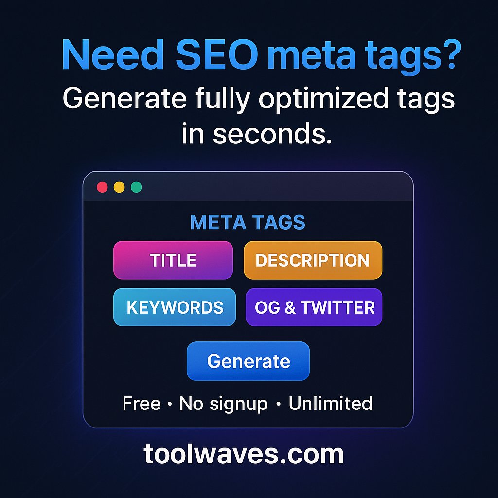 toolwaves's tweet photo. 🚀 Want Google to love your website?

Generate perfect SEO meta tags instantly — title, description, keywords, OG &amp; Twitter Cards.

Free. No signup. Unlimited use.

👉 https://t.co/14L1Kte5SY
#SEO #MetaTags #ToolWaves #DigitalMarketing https://t.co/M28yn6bGK0