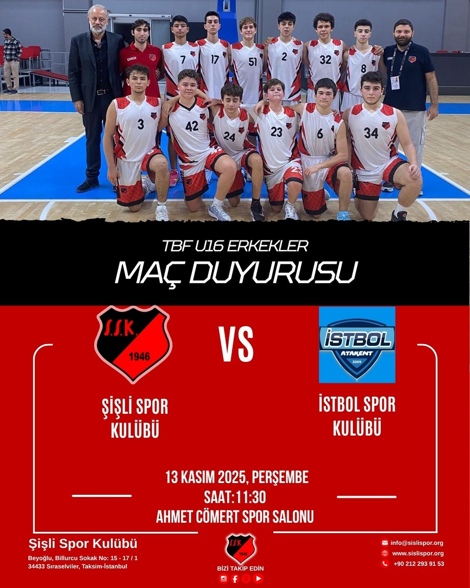 sislisporkulubu's tweet image. 🏀 MAÇ DUYURUSU 🏀
U16 Erkekler Ligi&apos;nde parkede büyük mücadele başlıyor! 🔥
Şişli Spor Kulübü U16 Erkek Basket takımımız, yarın İstbol Spor Kulübü ile karşılaşıyor! 💥
📅 Tarih: 13 Kasım 2025, Perşembe
🕗 Saat: 11:30
📍 Yer: Ahmet Cömert Spor Salonu
#ŞişliSporKulübü #şişlihaber