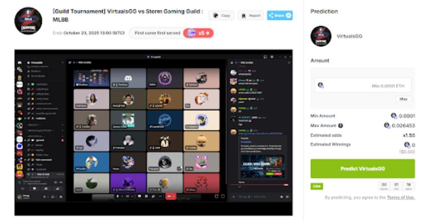 PredictGo's tweet image. Anyone — creator, streamer, guild leader, or even community members — can spin up their own prediction market and earn Creator Rewards at PredictGo. 💰

Whether you’re challenging your creator friend to a 1v1 or hosting a tournament with other guilds, every community moment can…
