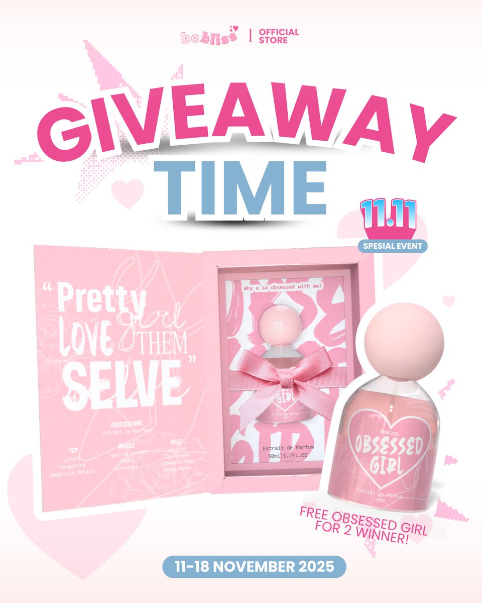 🎉 GIVEAWAY TIME! 🎉
Spesial 11.11, bebliss mau bagi-bagi hadiah buat kamu 💖

Menangkan FREE OBSESSED GIRL Perfume untuk 2 pemenang beruntung!

✨ Cara ikutnya gampang banget!
1. Follow akun <a href="/bebliss/">Beth Bliss</a>.official 
2. Like postingan ini 💗, repost postingan ini, dan komen 'done'