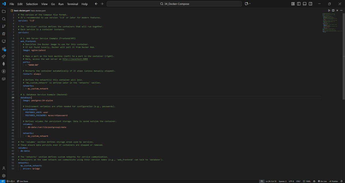 ATarjun007's tweet image. Learnt #DockerCompose and its:
Simple: Define the whole app in ONE YAML file.

Orchestrated: Starts all services (frontend, DB, cache) with ONE command.

Isolated:  Repeatable, isolated environments for local development.

Compose  DIY: github.com/arjunthakur007…

Its awesome.