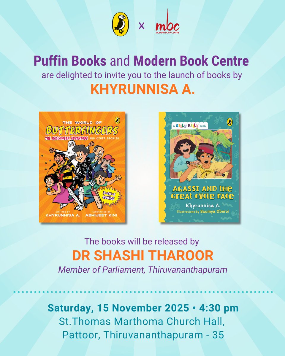 It's launch time again, and it's a double launch! 'Agassi and the Great Cycle Race' and 'The World of Butterfingers: The Halloween Adventure and Other Stories' will be launched by <a href="/ShashiTharoor/">Shashi Tharoor</a> at 4.30 pm on Saturday 15 Nov in Trivandrum.  Please come!