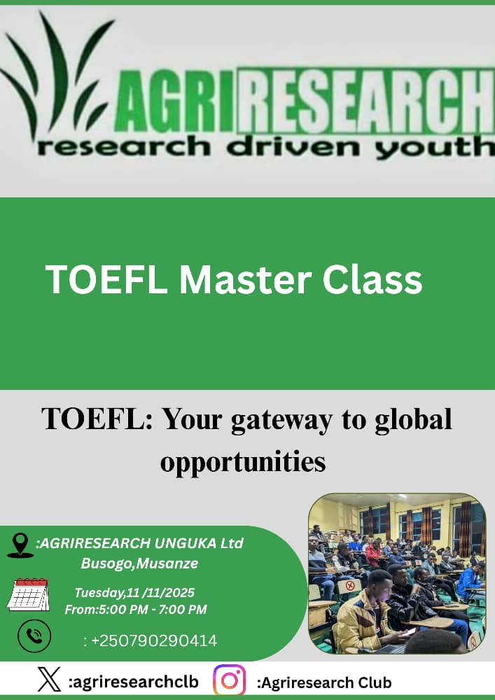 Today, <a href="/agriresearchclb/">AGRIRESEARCH CLUB,UR-CAVM</a> is empowering youth through our TOEFL Master Class! We’re helping members build English proficiency, soft skills &amp; global confidence, preparing them for international opportunities! 
#Agriresearch 
#EndlessForward
#TOEFL
#Softskills