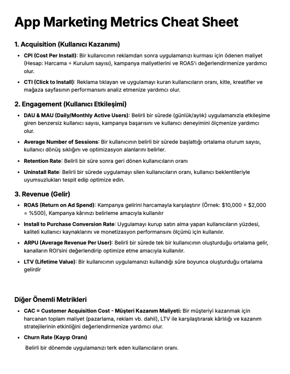 xburak's tweet image. Mobile app geliştiriyor ve uygulamanızın pazarlama kısmına yeni başlıyorsanız, çok sık karşılaşacağınız, genellikle kısaltmalarla kullanılan 12 popüler metrik var. Aşağıda özetlemeye çalıştım 👇