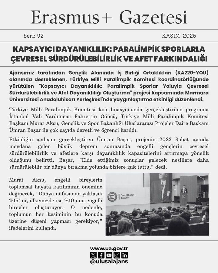Newspaper page titled Erasmus+ Gazetesi with sections on Kapsayıcı Dayanıklılık project, detailing paralympic athletes efforts for sustainable life, including text on youth stories, event outcomes, and logos from TurkParalimpik and ulusalajans.