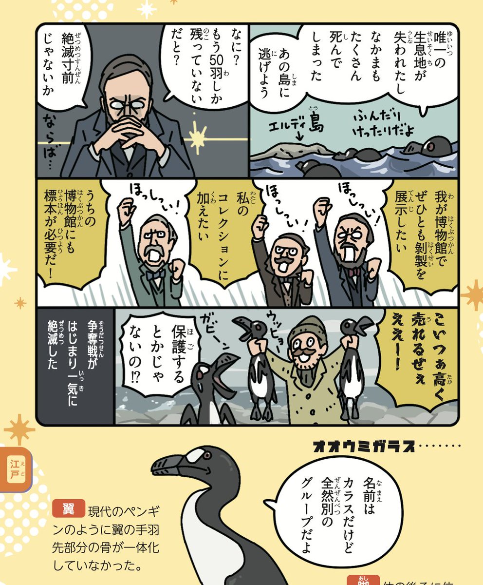Suicaのペンギンの卒業が話題だけど、元々ペンギンと呼ばれていた全く別の鳥がいた。

#絶滅生物事典
https://t.co/yqFiQjqPrO

現生するペンギンは16世紀の大航海時代に、南半球でペンギンを発見したヒトたちが、オオウミガラスに似ていると感じたため、ペンギンとよんだことに由来している。 