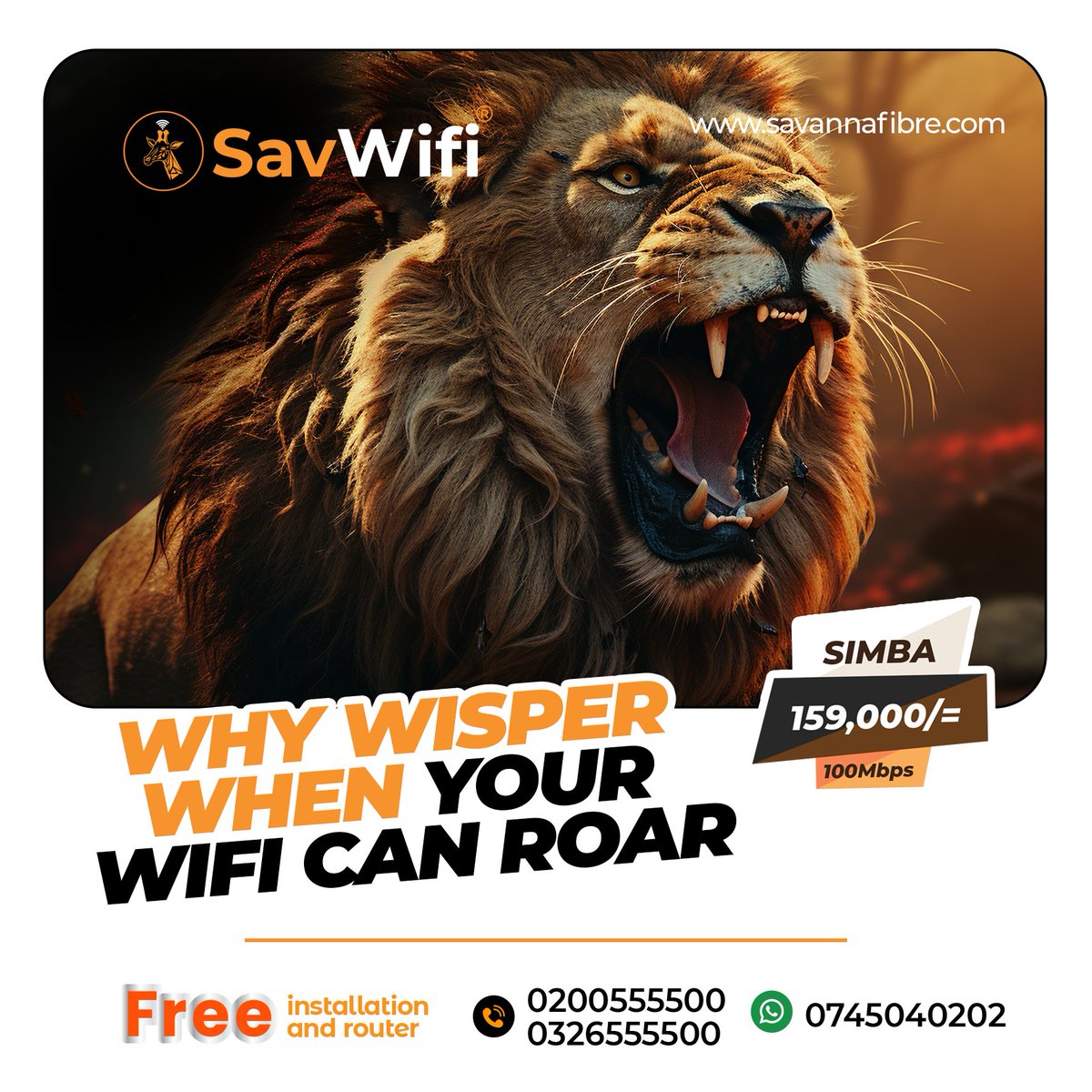 SavannaFibre's tweet image. Don’t settle for whispers, let your Simba package WiFi roar. 🦁 Experience unstoppable speed with SavWiFi
#savwifi
#FastInternet
#GetConnected