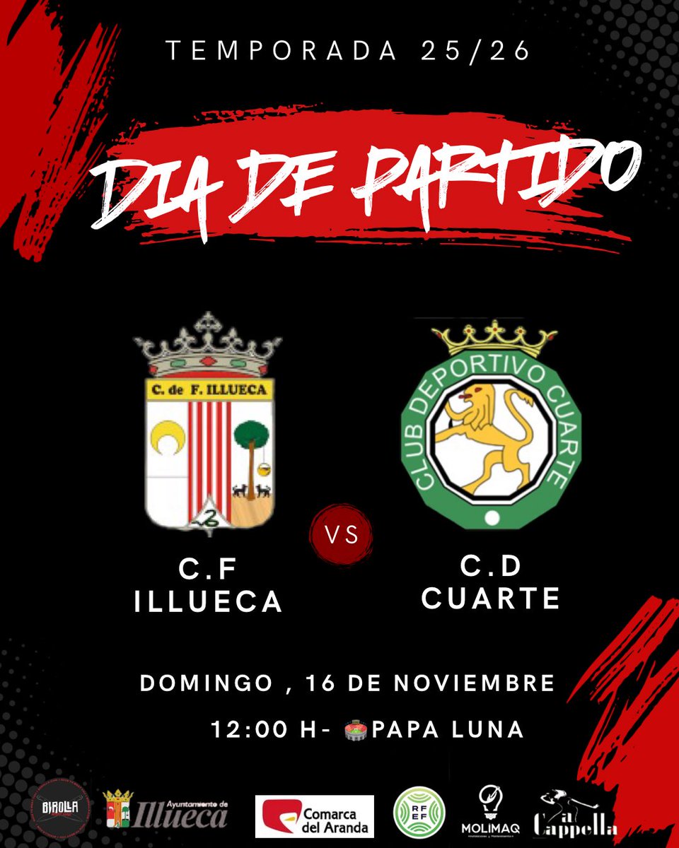 Este domingo tenemos una cita en el #PAPALUNA! 🔥

🕙 Recuerda en horario matinal

Vamos a animar a nuestro ILLUECA con toda la pasión💪🏻

Os esperamos a tod@s para llevar al equipo en volandas hacia la victoria.

🔴⚫️⚪️AÚPA ILLUECA🔴⚫️⚪️

#aupaillueca #futbol #Partidazo #Illueca