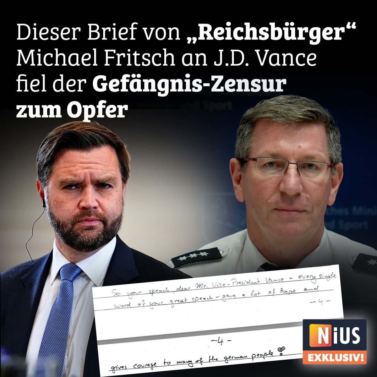 💥BREAKING NIUS💥 im Reichsbürgerkomplex: Die JVU Weiterstadt hielt bewegenden Brief von Michael Fritsch an JD Vance zurück. Er hatte seine Rede auf der Münchner Sicherheitskonferenz gesehen. 
JVU-Begründung: totalitär.
NIUS veröffentlicht ihn komplett.
nius.de/politik/news/d…
