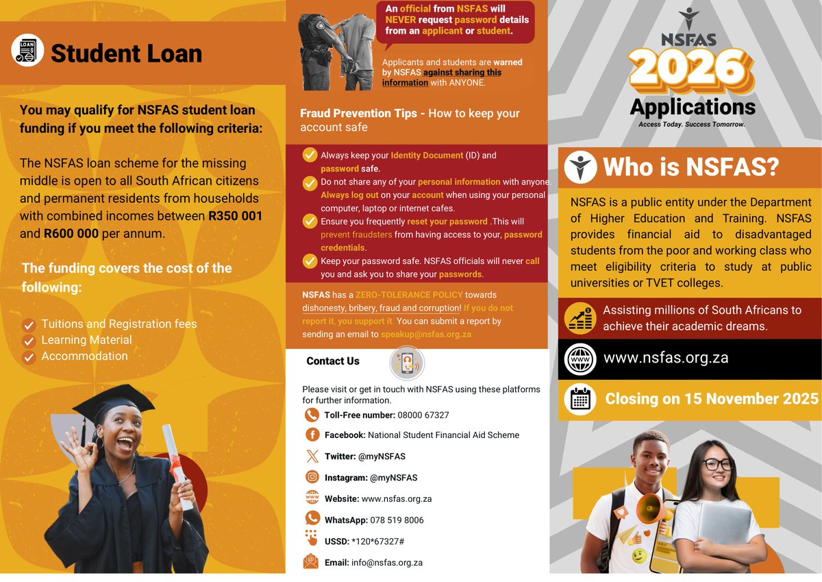 EducationGP1's tweet photo. ๐ #ClassOf2025GP โ Apply now for #NSFAS2026 funding! ๐ท You donโt need to wait for your matric results. ๐ท Deadline: 15 Nov 2025 ๐ท
@myNSFAS
#AccessTodaySuccessTomorrow https://t.co/0tLiwd0jPB