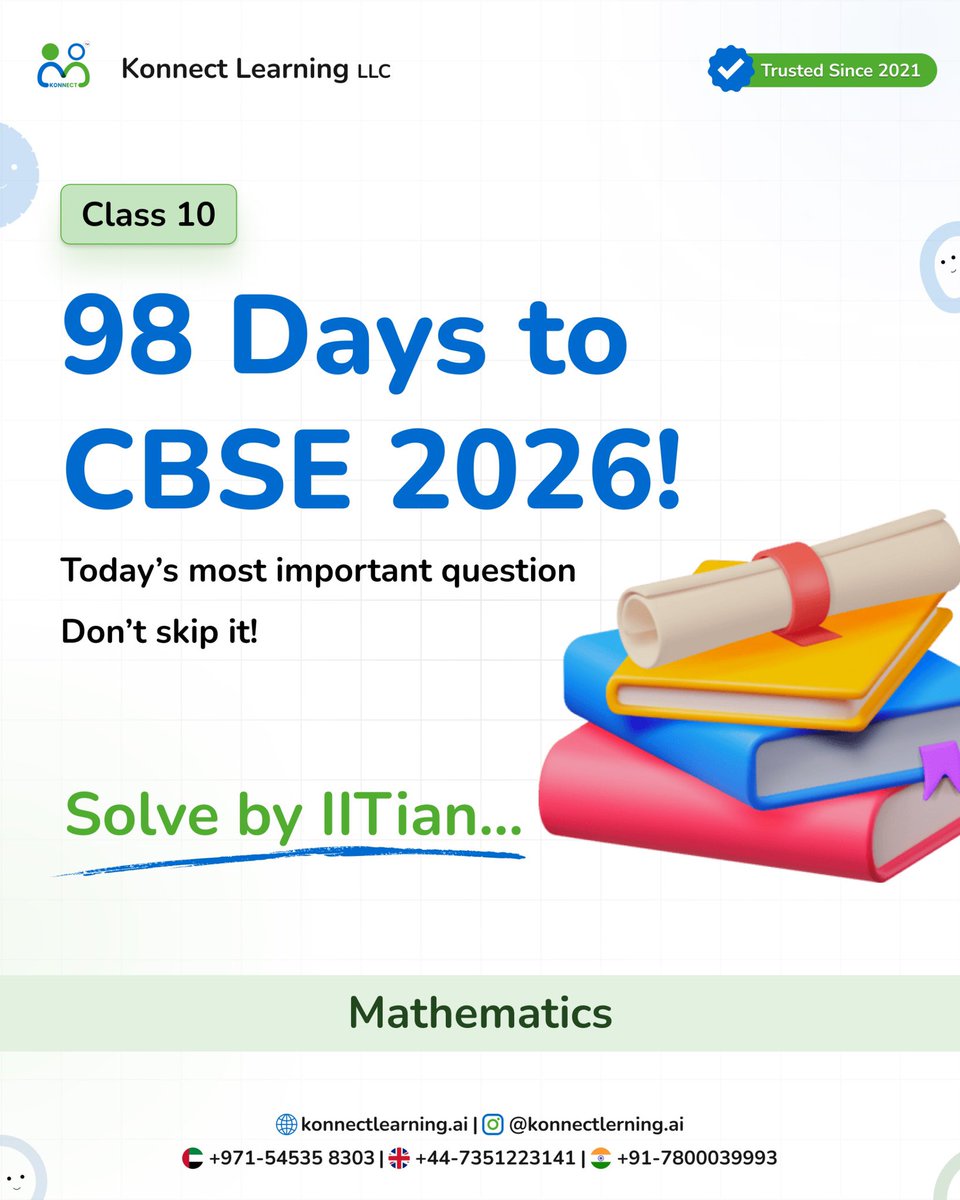 konnectlearnai's tweet image. 98 Days to #CBSE2026 ⏳
Can you find the greatest possible speed? 💡
Concept: HCF in real life ⚙️

#MathsChallenge #KonnectLearning #BoardExamPrep #StudyMotivation #EducationReel #ExplorePage