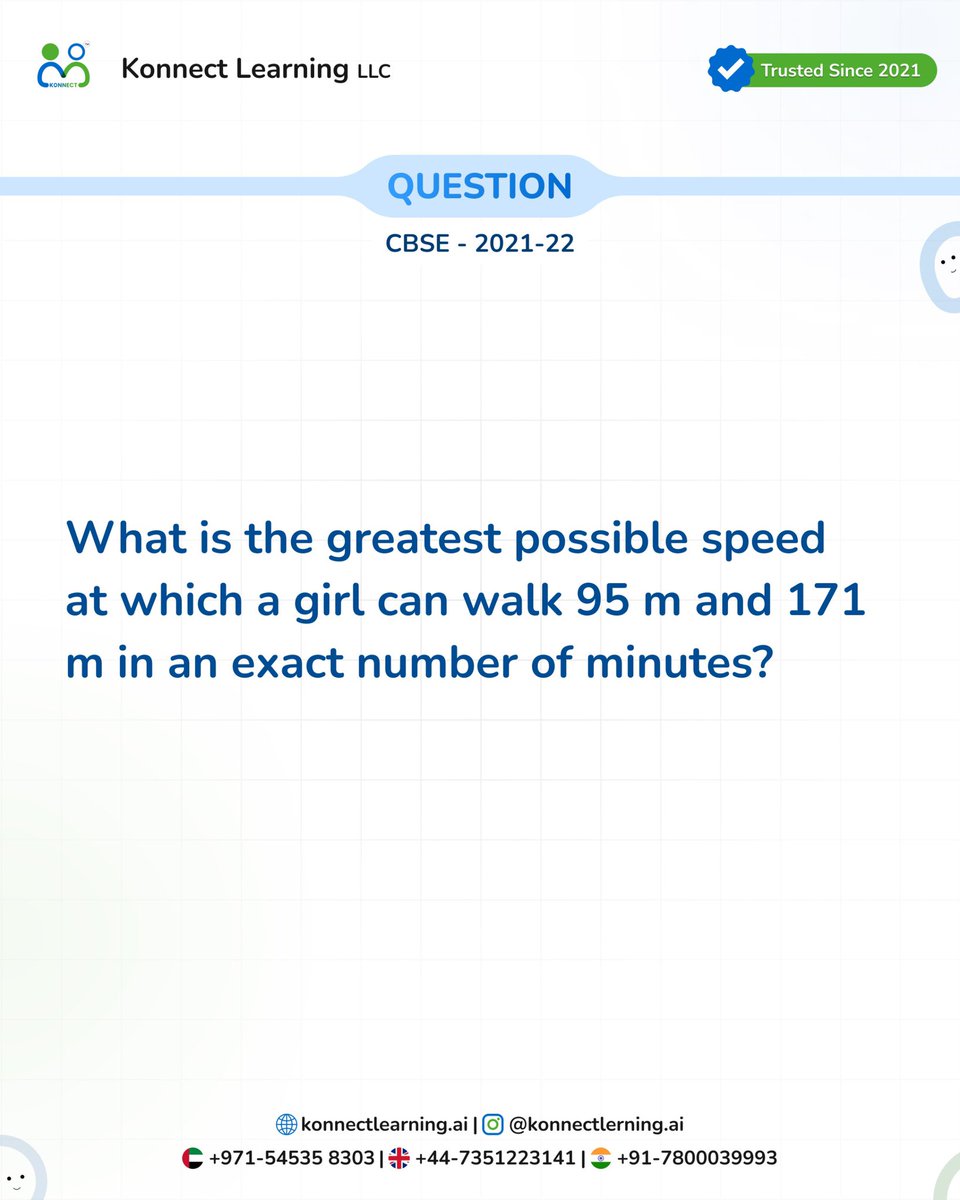 konnectlearnai's tweet image. 98 Days to #CBSE2026 ⏳
Can you find the greatest possible speed? 💡
Concept: HCF in real life ⚙️

#MathsChallenge #KonnectLearning #BoardExamPrep #StudyMotivation #EducationReel #ExplorePage