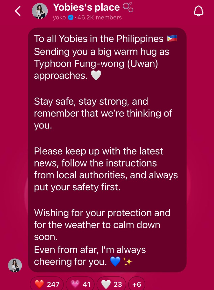 fighterblanket's tweet photo. Awww thank You @Yoko_apasra you always remember Filo Fans!

You’re the sweetest the most sincere😭😭

“To all Yobies in the Philippines Sending you a big warm hug as Typhoon Fung-wong (Uwan)
approaches.
Stay safe, stay strong, and remember that we're thinking of you”

#YokoApasra https://t.co/nLCp5CPBkM