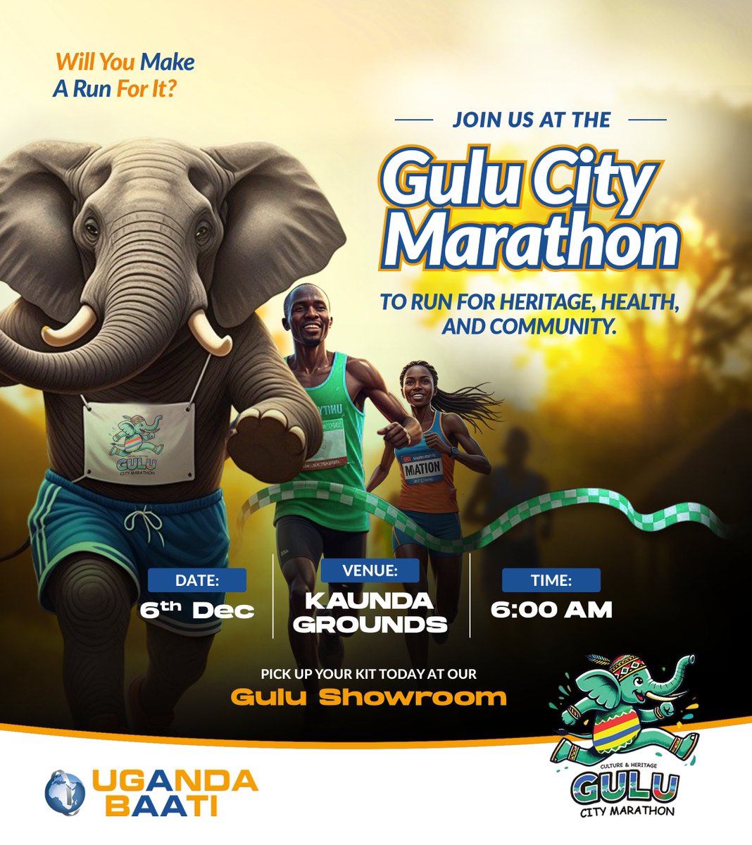 UgandaBaati's tweet image. Gulu, Yo Leng!

The Gulu City Marathon is here  and we’re running for heritage, health, and community.

Join us on 6th December, 6:00 AM at Kaunda Grounds.
Secure your kit today from our Gulu Showroom and let’s make history together!