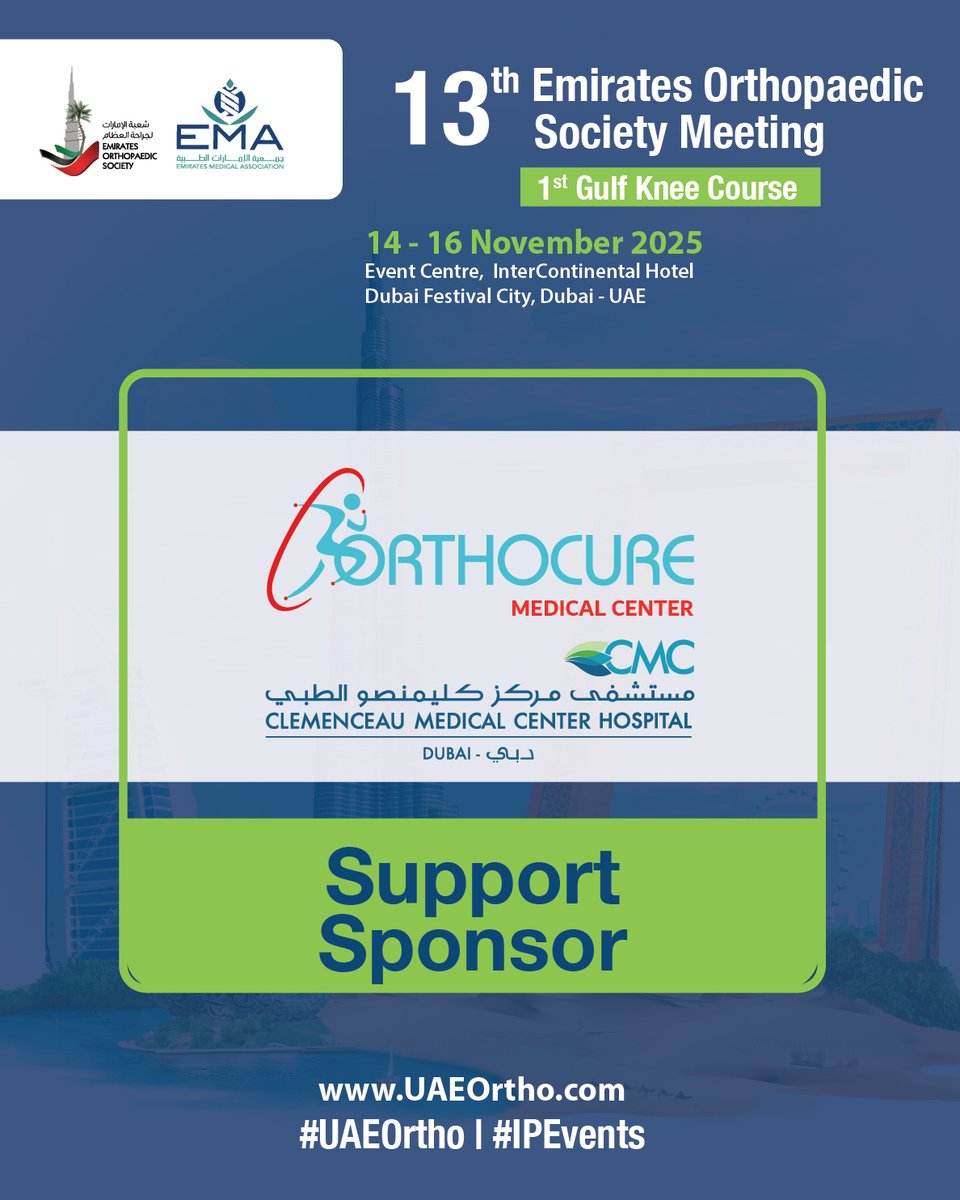 We are honored to have Orthocure Medical Center and Clemenceau Medical Center Hospital (CMC Dubai) as Support Sponsors for #UAEOrtho 2025!

Secure your seat today: bit.ly/Reg2EOS

#UAEOrtho #Orthocure #CMC #Orthopaedics #DubaiConference