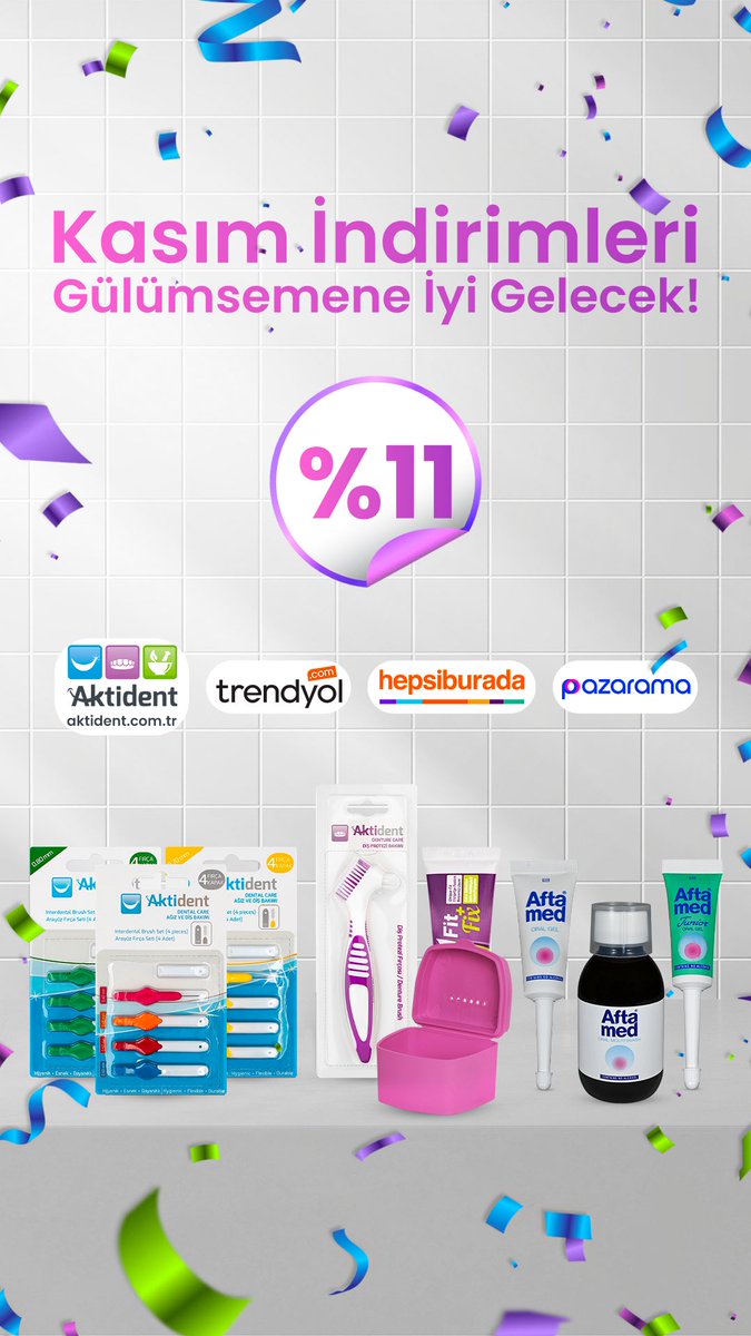 Gülümsemenize iyi gelecek Kasım fırsatları başladı! ✨

Kasım ayı boyunca tüm Aktident ürünlerinde %11 indirim sizi bekliyor. 🤩

🦷 Daha ferah ve sağlıklı bir gülümseme için web sitemizi ve online satış mağazalarımızı ziyaret etmeyi unutmayın.

#Aktident #İndirim