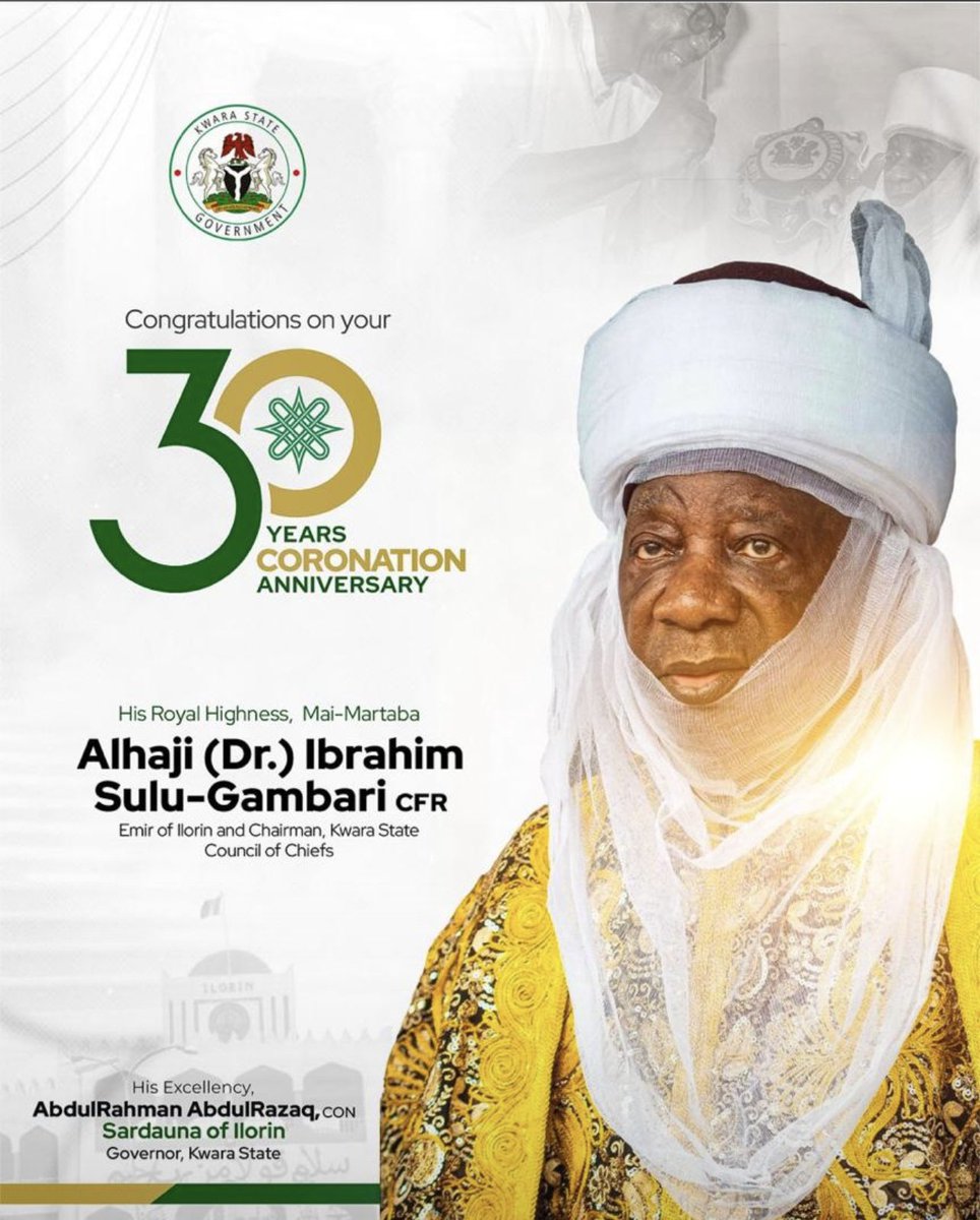 Ameliorator_Ace's tweet photo. I celebrate 30 glorious years of our revered Emir’s reign! Your wisdom, unity &amp; vision have shaped our great city. May Allah bless you with long life, health &amp; strength. Long live Mai Martaba, Emir of Ilorin! 🕌💚.
A Proudly Ilorin-Son.
#Ilorin 
#EmirofIlorin 
#MaiMartaba https://t.co/rZ88Yvf1nn