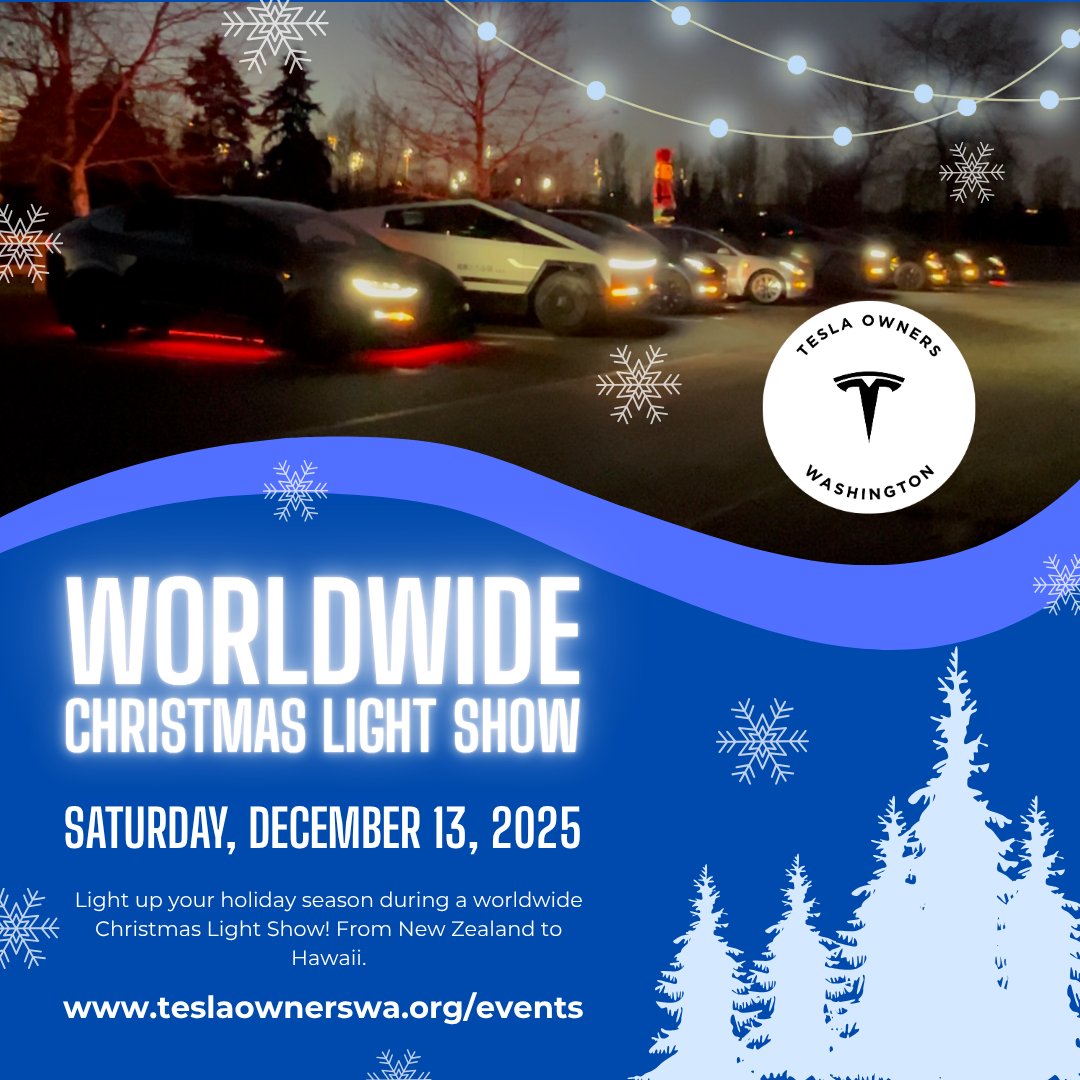TeslaOwnersWA's tweet image. Once again, it&apos;s time for another epic Worldwide Christmas Light Show from @Teslalightshows. The light show starts in New Zealand again and continues around the globe to end in Hawaii, stopping in Bellevue. Check our website for location and time. Sponsored by Sound Transit.