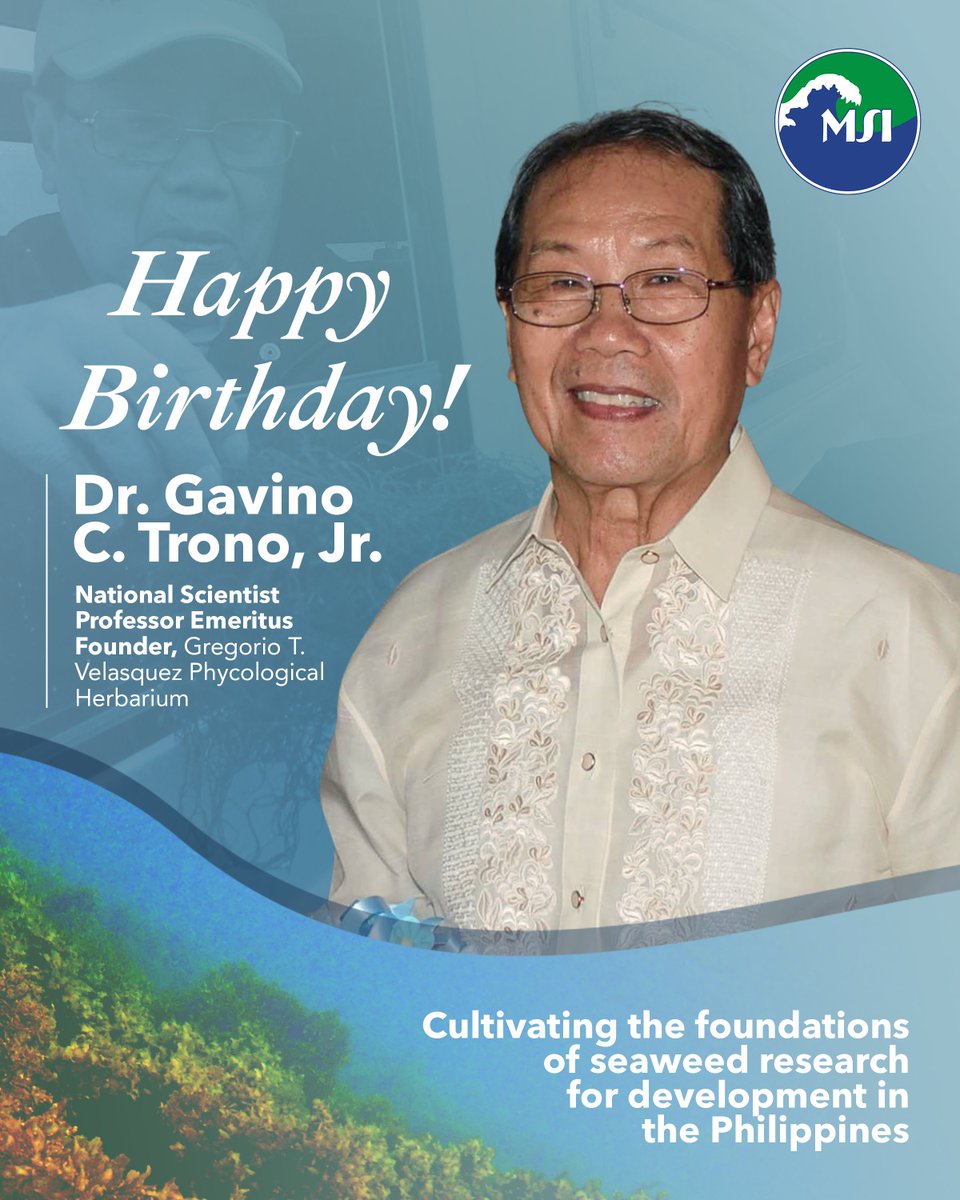 🎂 We celebrate the birth of the Father of 𝘒𝘢𝘱𝘱𝘢𝘱𝘩𝘺𝘤𝘶𝘴 farming—National Scientist Dr. Gavino C. Trono Jr.! His pioneering work in seaweed research for development expanded the potential of seaweeds in the Philippine waters, inspiring generations of marine scientists.