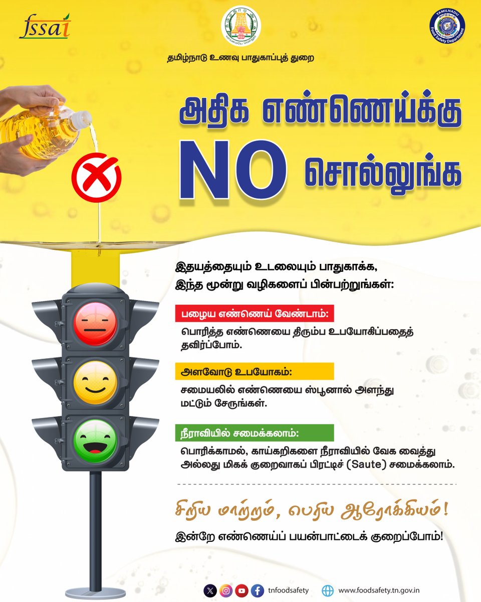 tnfoodsafety's tweet image. அதிக எண்ணெய்க்கு நோ! 🚫

நம் இதயத்தைப் பாதுகாக்க 3 வழிகள் அவசியம்!

❌ பயன்படுத்திய பழைய எண்ணெய் வேண்டாம்.

🥄 சமையலில் எண்ணெயை அளந்து சேருங்கள்.

💧 பொரிப்பதை தவிர்த்து, நீராவியில் சமைக்கவும்.

இன்றே ஆரோக்கியமாக மாறுங்கள்!

 #EatRight #PublicAwareness #TNFoodsafety #FSSAI